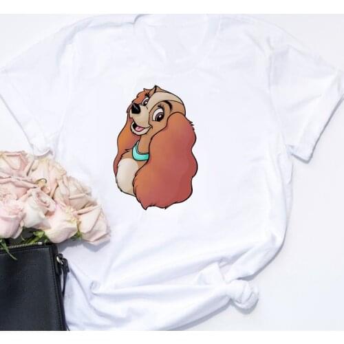Lady and the Tramp Cartoon T Shirts Summer Women Short Sleeve Loose White Cotton Blended Tshirts Lady Plus Size Disney Tshirts