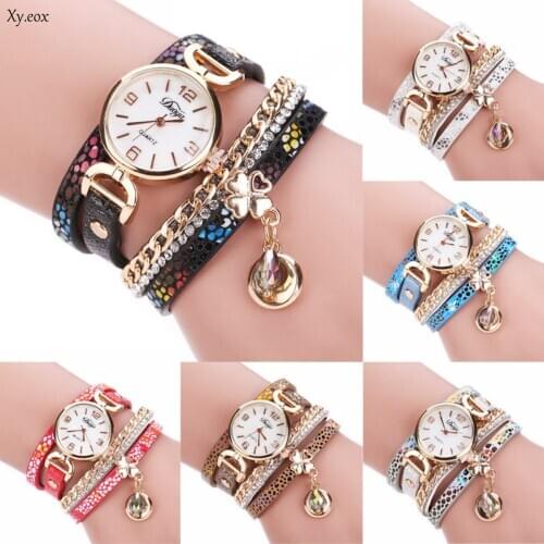 Womens Crystal Rhinestone Leopard Leather Chain Wrap Bracelet Wrist Watch