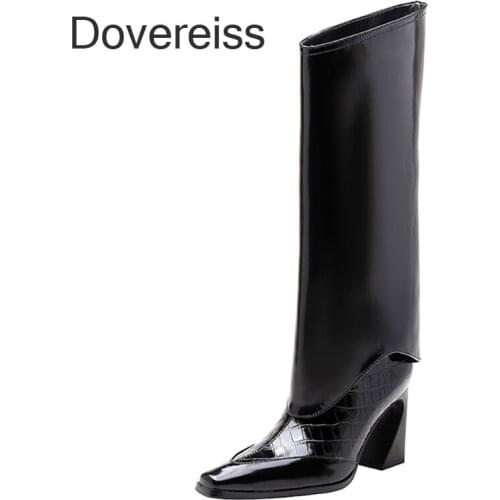 Dovereiss Fashion Womens shoes Winter Genuine Leather White Brown Boots Genuine Leather Strange Style Heels Knee High Boots 42