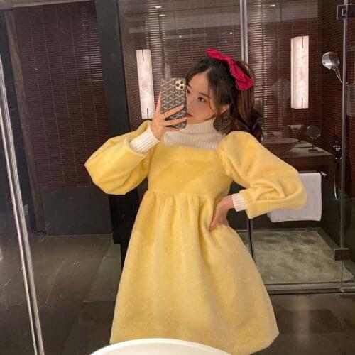 Women Winter Yellow Fairy Dress Sweet Hairy Dresses Femininity Woman Clothes Mori Girl Soild Color Long Sleeve High Waist Skirt