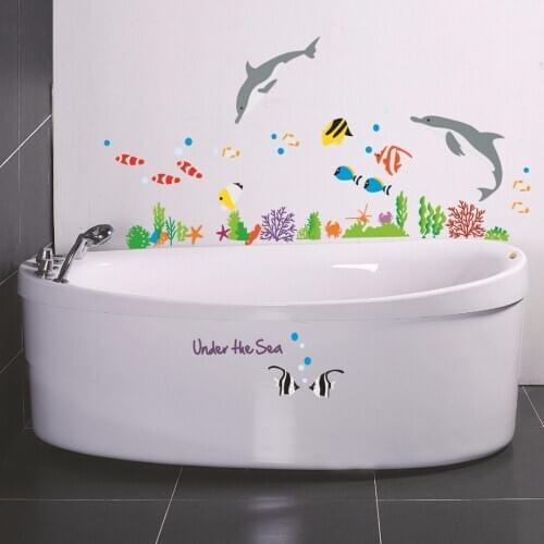 1pc Dolphin & Fish Bathroom Decor Wall Stickers Paper Kids Bedroom Vinyl Paper