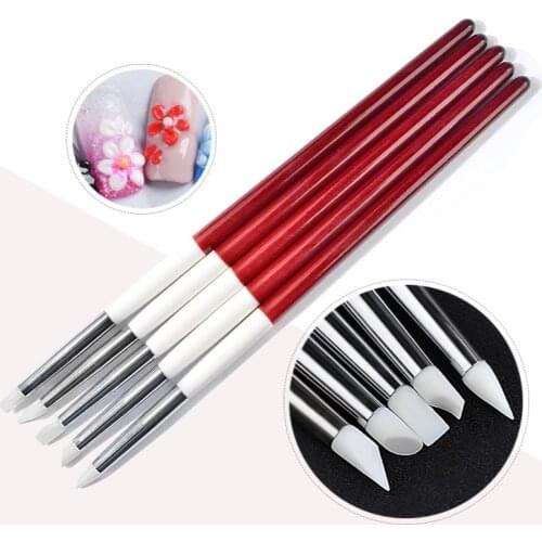 5 Pcs/set of Silicone Nail Nail Pen Carving Pen Wooden Handle Nail Brush Hollow Pen Professional Nail Painting Pen Nail Tool