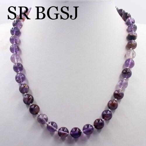 Free Ship 10mm Purple Phantom Quartz Round Gems Beads Knot Genuine Stone Chocker Necklace Strand 17.5"