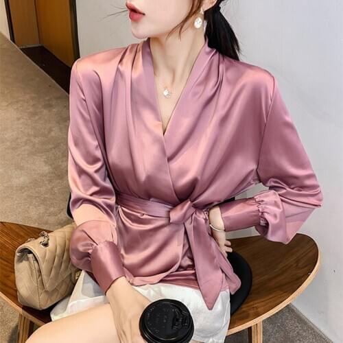 2020 Autumn Long Sleeve Wrap V Neck Satin Blouse Shirts Women Ladies Elegant Work Shirt Tops Bow Lace Up Waist Silk Blouses