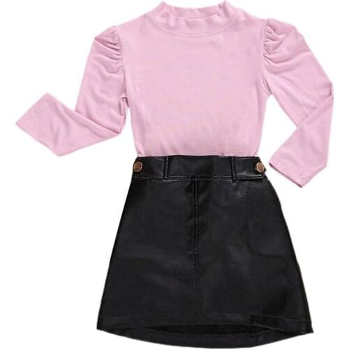 Spring Autumn Baby Girls Clothing Long Sleeve + Short Leather Skirt Solid Color Style Fold Decoration 2-7 Years