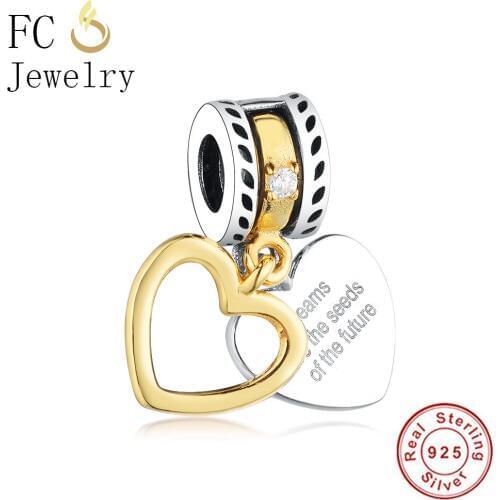 FC Jewelry Fit Original Brand Charms Bracelet 925 Silver Gold Color Double Heart Letter Beads Pendant for Making Berloque 2018