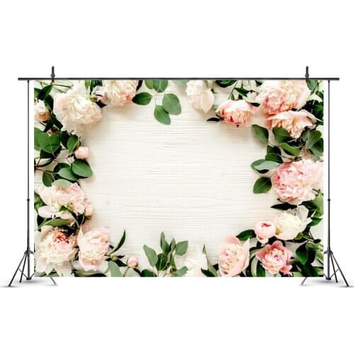 Pink Flowers and White Wooden Board Photography Background Photo Booth Studio Decor