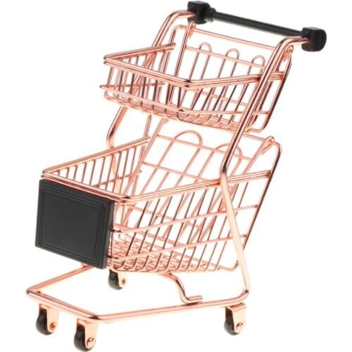 Mini Double Layer Shopping Cart Wrought Iron Supermarket Trolley Rose Gold Storage Basket foe Cosmetic Brush Makeup Egg Lipstick