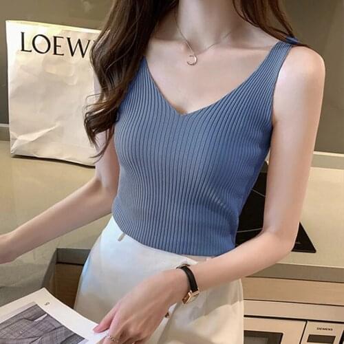 Fashion Women Tops Sexy Halter tops Lady Ice Silk V-neck Camisole Top Plus Size Woman Knitted Sleeveless Tees Top