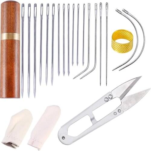 Nonvor Leather Sewing Needle Tool Set Embroidery with Needle Case, Including Curved Needles, Straight Needles, Thimble, Scissors