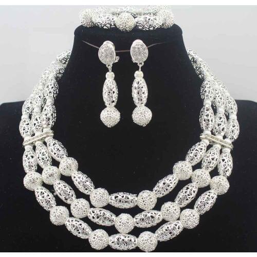 Christmas New Fashion African Wedding Jewelry Set Handmade 3 Layers Silver Beads Bridal Necklace Jewelry Sets Free Ship W13692