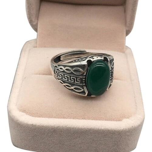 Original design natural Hetian jasper fine pattern carved opening adjustable ring Chinese retro charm womens silver jewelry