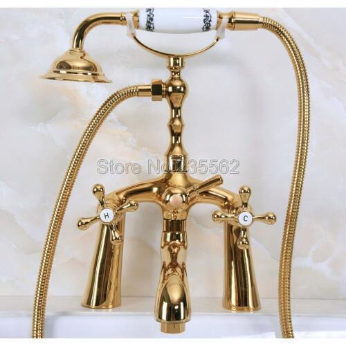 Polished Gold Brass Bath Shower Faucet Set Dual Ceramics Handle Clawfoot Tub Mixers w/Handheld Shower lna144