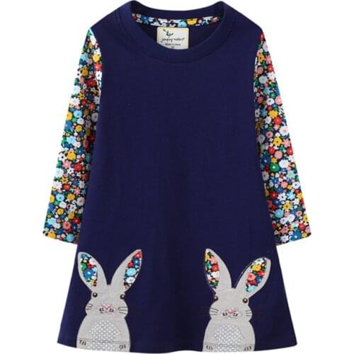 Jumping Meters Animals Applique Bunny Long Sleeve Dress for Autumn Spring Kids Cotton Clothes Baby Girls Dresses