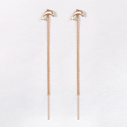 New 585 Rose Gold Long-Chain Drop Earrings for Women Girls Dolphin Star CZ Cute Wedding Engagement Party Fashion Jewelry DGE344