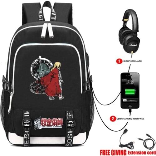 USB Charging Headphone jack Teenagers boy student Schoolbag Unisex Laptop Travelbag anime Fullmetal Alchemist backpack 16 style