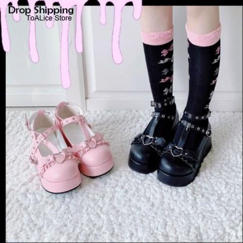 Japan Black Dark Demonia Platforms Cute Shoes Punk Gothic Lolita Princess Doll Cosplay Shoes Loli Girls Kawaii High Heel 5.5cm