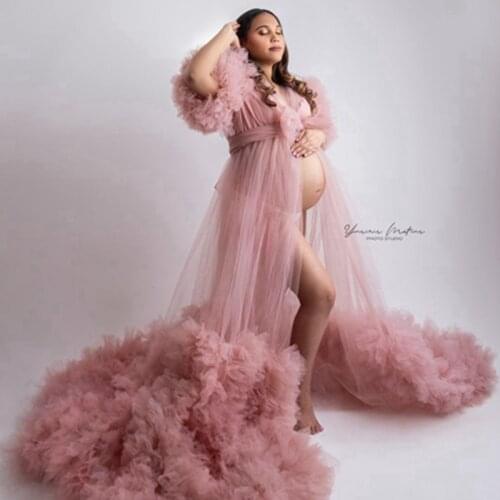 2021 See Thru Dusty Pink Tulle Maternity Dress Open Front Puff Cap Sleeeves Tiered Ruffles Baby Shower Gowns For Pregnant Women