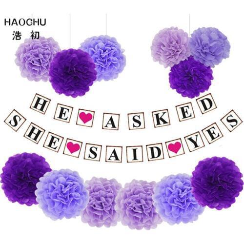 HAOCHU 13pcs Vintage Propose Words SHE SAID YES Decorative Paper Garland Wedding Banner Romantic Purple Tissue Paper Flowers