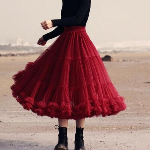 New Burgundy Ankle Length Tulle Skirts For Women Elastic Waistline Puffy Tutu Skirt Female Adult Saias Custom Made Fashion