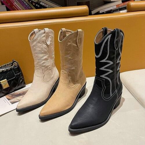 2021 Autumn Winter New Western Cowboy Boots Female Embroidered Sleeve Knight Boots Pointed Thick Heel Martin Boots Large Size 42
