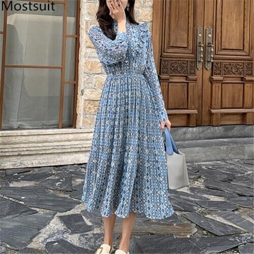 Chiffon Printed Women Long Dress 2021 Spring Full Sleeve Stand Collar Elastic Waist Dresses Korean Elegant Vintage Female Vestid