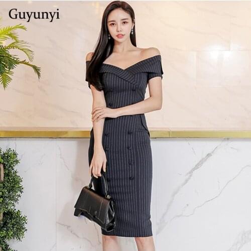 Striped Office Lady Dress 2021 Summer Sexy Slash Neck Card Shoulder Double Row Decorative Buttons High Waist Tight Dress Women