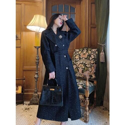 Milky Way Stars Australia Wool Black Coat Womens Mid-length Woolen Coat Fall Winter