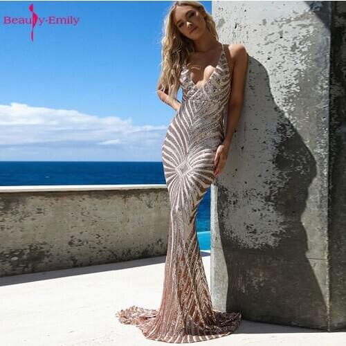 Beauty-Emily Sexy Sling V Neck Evening Dresses Long Sequins Mermaid Party Dress Sleeveless Open Back Strapless Vestido de noche
