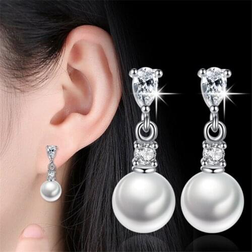 1 Pair Womens Pearl Dangle Classic Drop AAA Zircon Ear Stud Earrings Ladies Fashion Jewelry E0622
