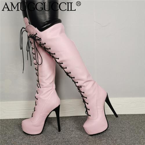 2020 New Plus Big Size 35-52 Pink Lace Up Sexy Thigh High Heel Platform Over The Knee Autumn Winter Female Lady Women Boot X1916