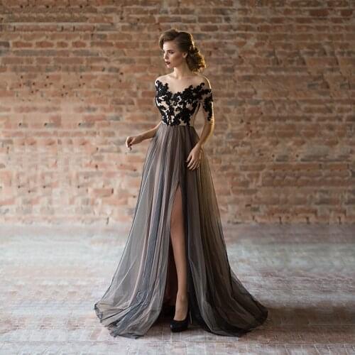 2021 Gorgeous Black Lace Half Sleeve Prom Party Dresses Jewel Neck High Side Slit Wedding Party Gowns Appliqued Beads On Sale