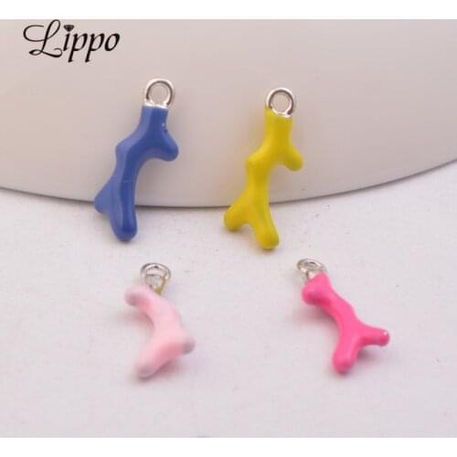 30pcs 4.5mm*14mm Enamelled Charms Coral Pendants Silver-plate Metal Tree Shape Pendant For Women DIY Jewelry