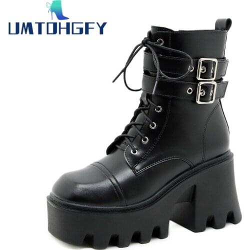 Spring Autumn Fashion Women Boots High Heels Platform Buckle Lace Up Leather Short Booties Black Ladies Shoes Promotion Girls