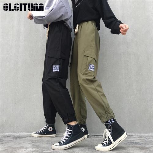 OLGITUM Streetwear Cargo Pants Women 2020 Casual Loose High Waist Chic Straight Ladies Pants Trousers M-XL