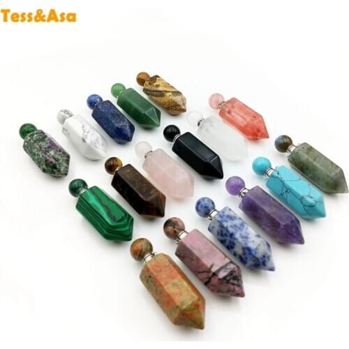 Gems stone Hexagon prism perfume Bottle pendant essential oil diffuser stainless steel necklace Chakra Crystal Quartz vial