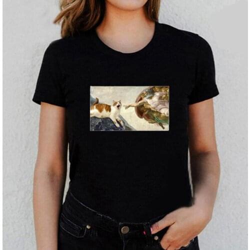 Summer Short Sleeve Harajuku Tee Shirt Femme Funny Cat Breaking Into A Famous Paint T Shirt Women Tops Casual Camiseta Mujer