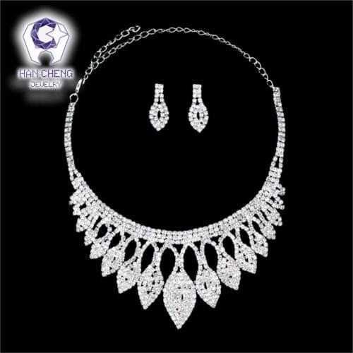 HanCheng Luxury Leaf Wedding Set Full Rhinestone Pendant Necklace Silver Plated Bride Created Crystal Wedding Jewelry Parures