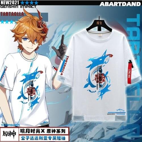 Genshin Impact Tartaglia cosplay Game Son Short Sleeve Cotton T-shirt Japan Tee Tops Oversized Clothes suits Tartaglia cosplay