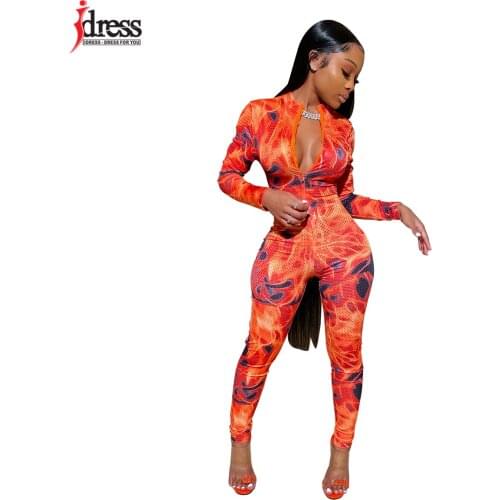 IDress Women Autumn One Piece Long Sleeve Jumpsuit Vibrant Color Print Sexy Hollow Out Zipper Party Rompers Nightclub Jumpsuit