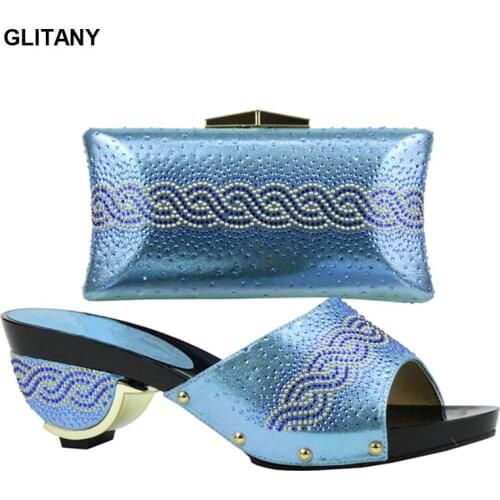 Sky Blue Shoes and Bag Sets for Women Italian Ladies Shoe and Bag Set Decorated with Rhinestone High Quality Shoes and Bag Sets