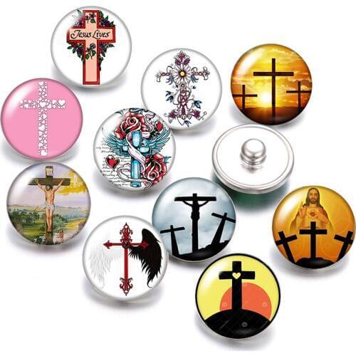 Cross Pattern Christian Jesus 18mm snap buttons 10pcs mixed round photo glass cabochon style for snap button jewelry Gift