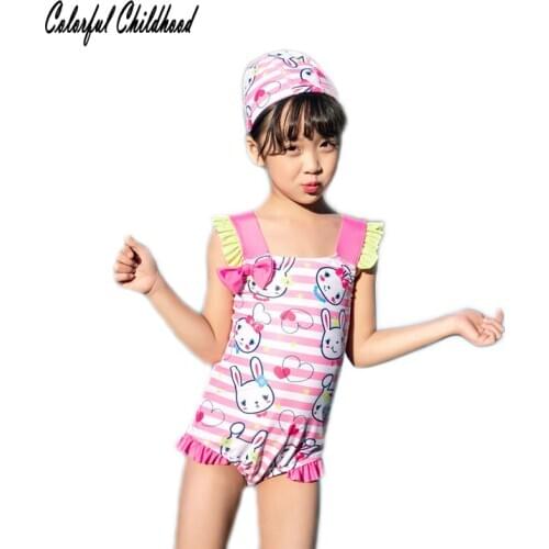 Toddler Girl Swimsuits with Swimming Cap Outfits Cute Rabbits Printed Sweet Baby Kids Girls Suits 2Pcs Set Clothing Clothes