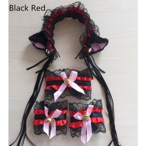 Cute Cartoon Anime Fox Cat Lace Tassels Ears Headband Neckwear Wristband Lolita Cosplay Costume Set Halloween Party Christmas