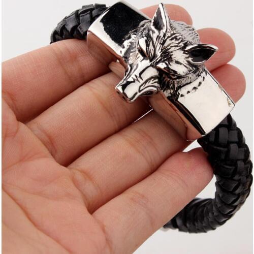 Cool Silver Color Stainless Steel Wolf Head Bracelets Bangles High Quality Black Genuine Leather Bracelet Men Jewelry Gift