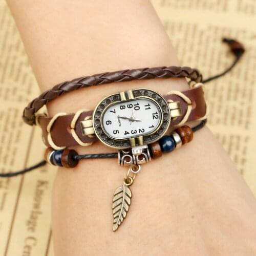 New Coming Woven Vintage Leather Bracelet Watch Men Women Fashion Cheap Cow Leather Bracelet Watches Leaf