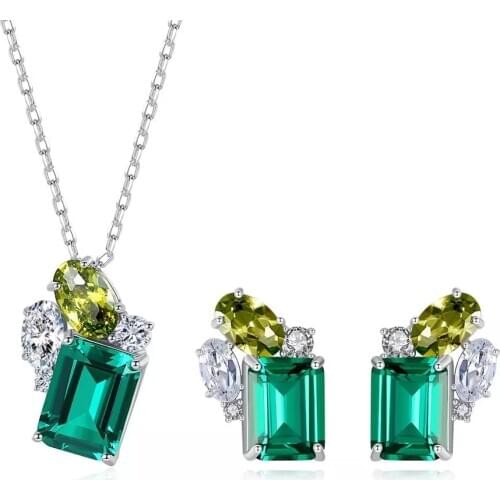 PAG&MAG luxury Emerald Square Necklace Earrings Set For Women Sterling Silver 925 Jewelry Set Green Gemstone Fine Jewelry