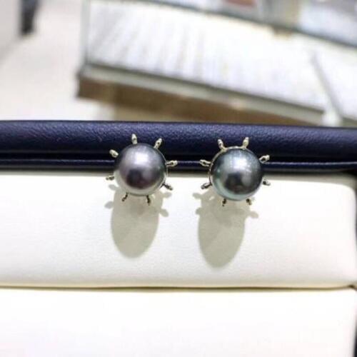 Stunning 9-10mm tahitian round black green pearl earring 18k