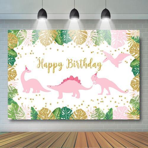 Pink Dinosaurs Girl Birthday Backdrop Safari Jungle Wild Photo Studio Background Pink and Gold Dino Birthday Party Decor Banner