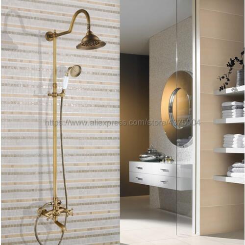 Bathroom 7" Rainfall Shower Faucet Set Antique Brass Dual Handle Bath Shower Mixer Taps Wall Mounted with Handshower Nan826